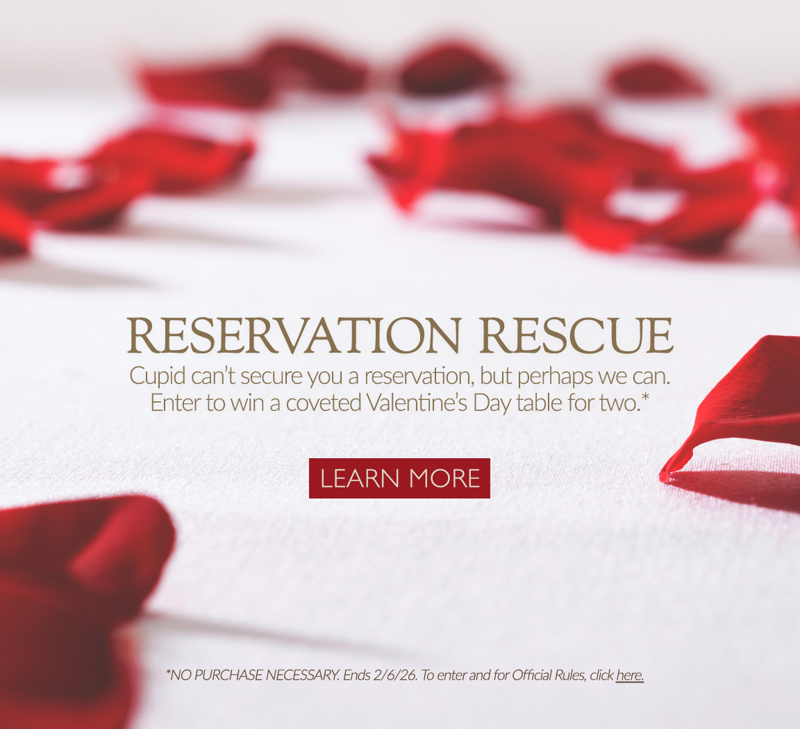 The Capital Grille Reservation Rescue promotional banner offering a Valentine's Day dining experience with a $150 gift card and 7 PM reservation for two.