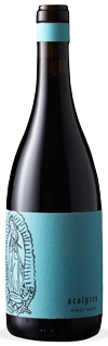 A bottle of Acolytes by OLG, Pinot Noir with a light blue label.
